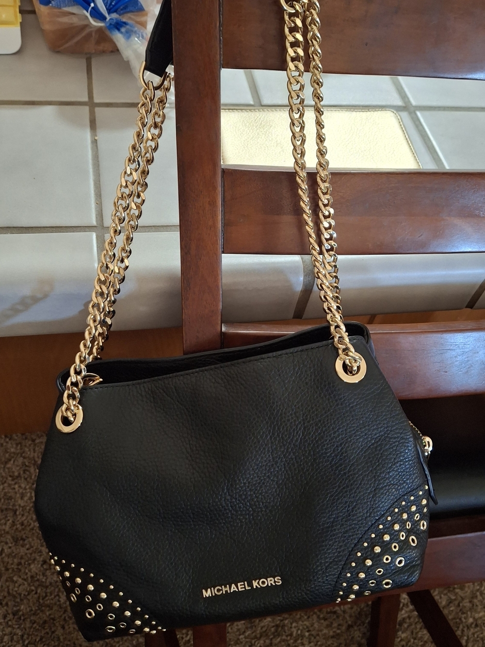 Michael Kors Black Leather Shoulder Bag with Gold Chain Straps
